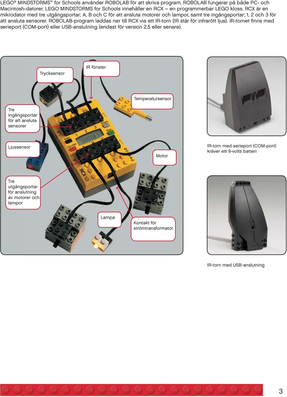 ROBOLAB-program laddas ner till RCX via ett IR-torn (IR står för infrarött ljus). IR-tornet finns med serieport (COM-port) eller USB-anslutning (endast för version 2.5 eller senare).