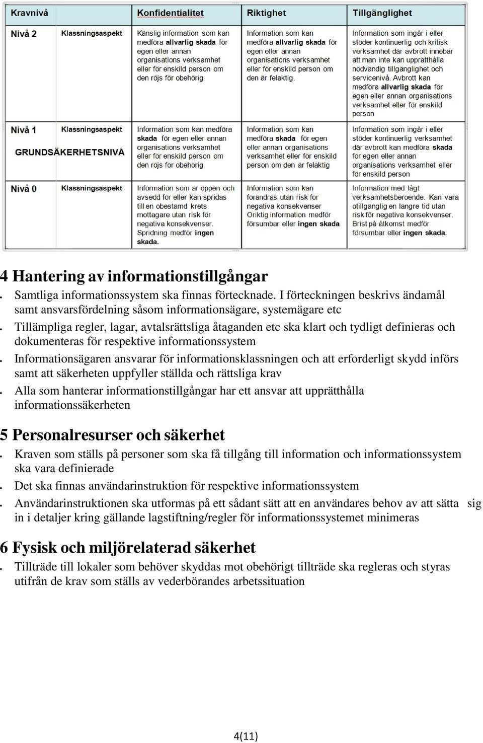 dokumenteras för respektive informationssystem Informationsägaren ansvarar för informationsklassningen och att erforderligt skydd införs samt att säkerheten uppfyller ställda och rättsliga krav Alla