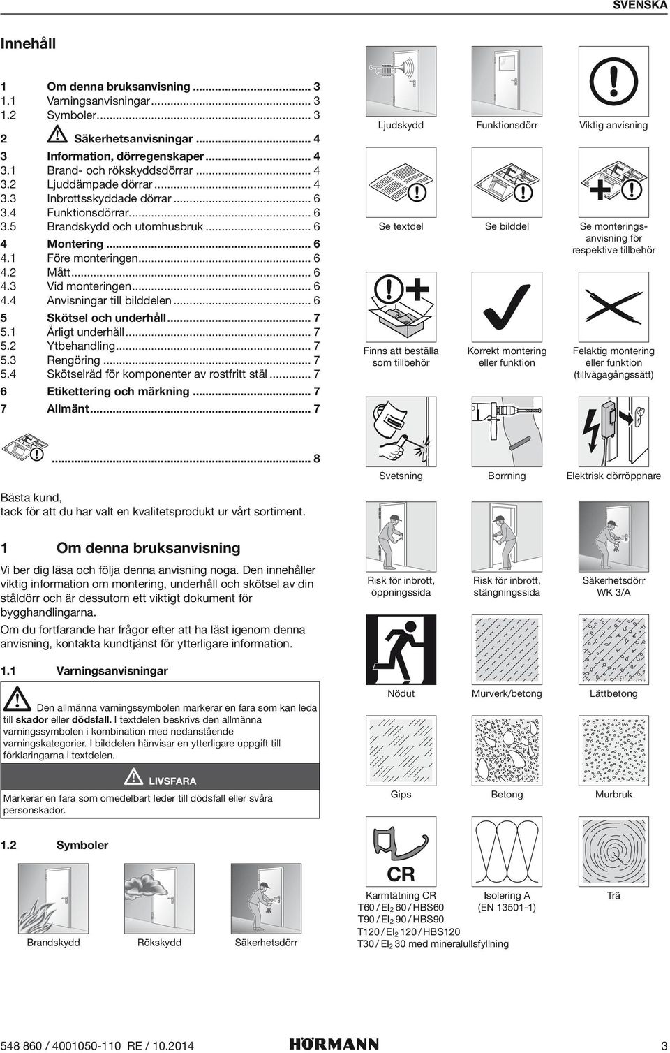 .. 6 Ljudskydd Funktionsdörr Viktig anvisning Se textdel Se bilddel Se monterings anvisning för respektive tillbehör Finns att beställa som tillbehör Korrekt montering eller funktion Felaktig