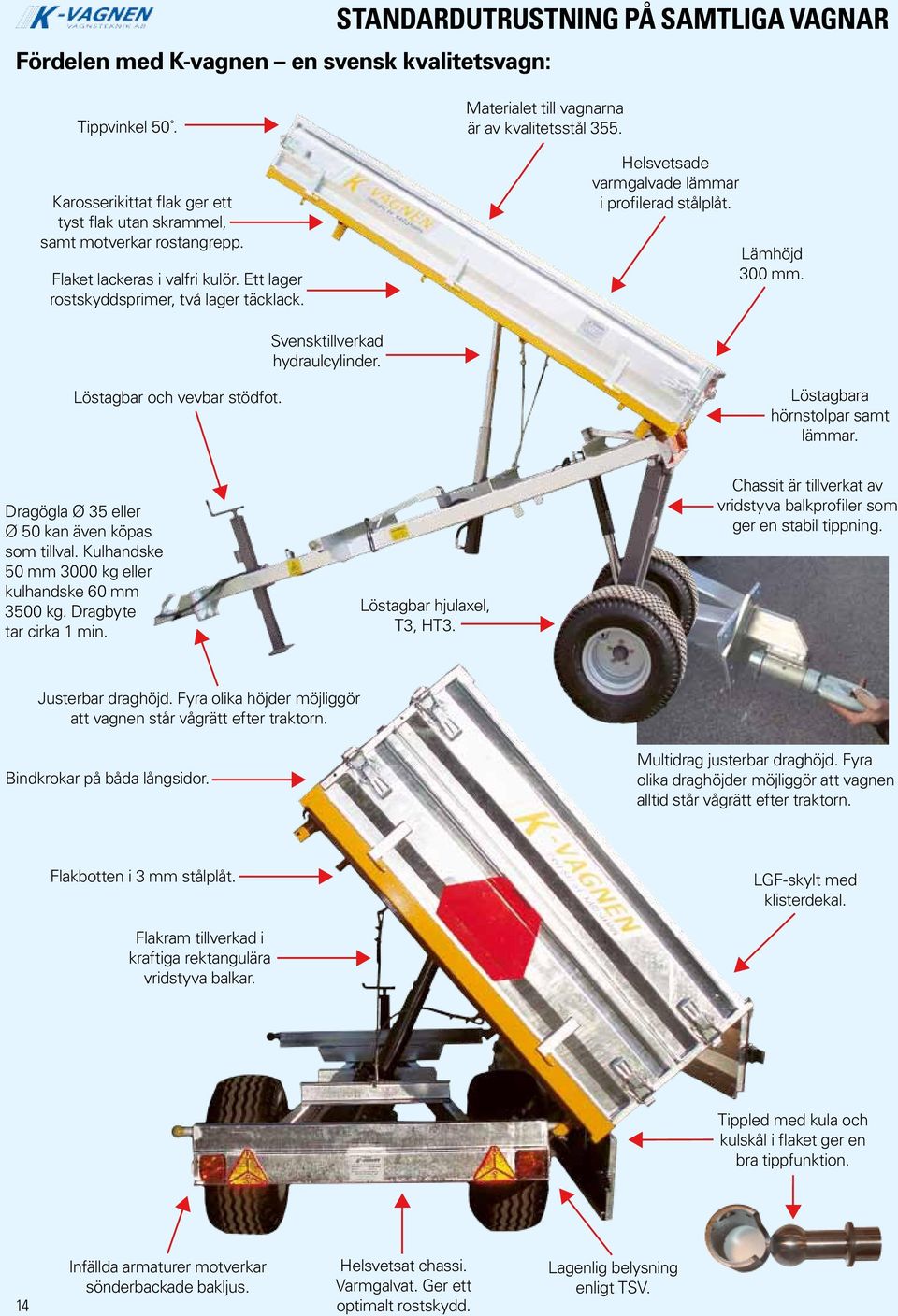 Helvetade varmgalvade lämmar i profilerad tålplåt. Lämhöjd 300 mm. Svenktillverkad hydraulcylinder. Lötagbar och vevbar tödfot. Lötagbara hörntolpar amt lämmar.