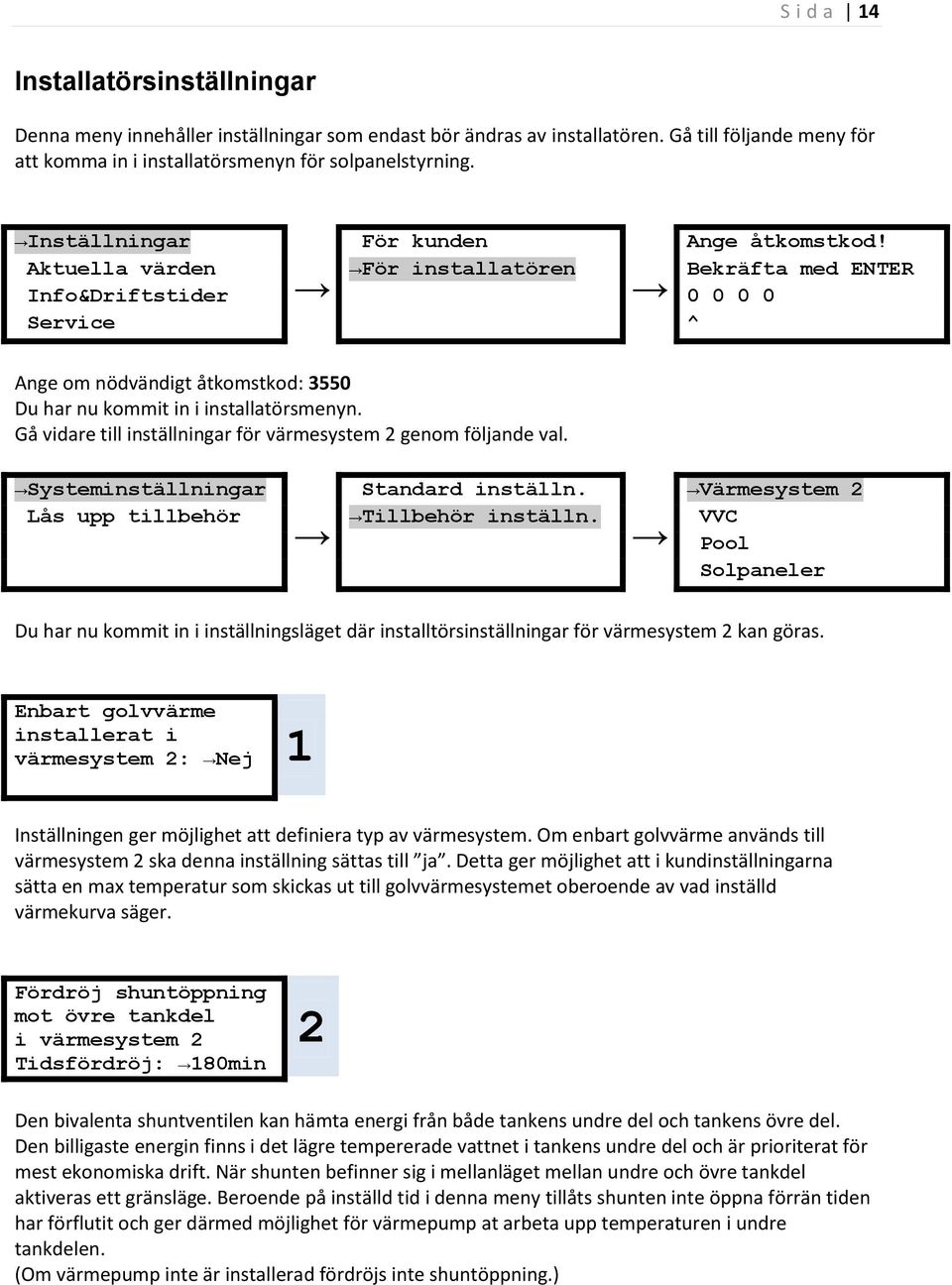 Aktuella värden För installatören Bekräfta med ENTER Info&Driftstider 0 0 0 0 Service ^ Ange om nödvändigt åtkomstkod: 3550 Du har nu kommit in i installatörsmenyn.