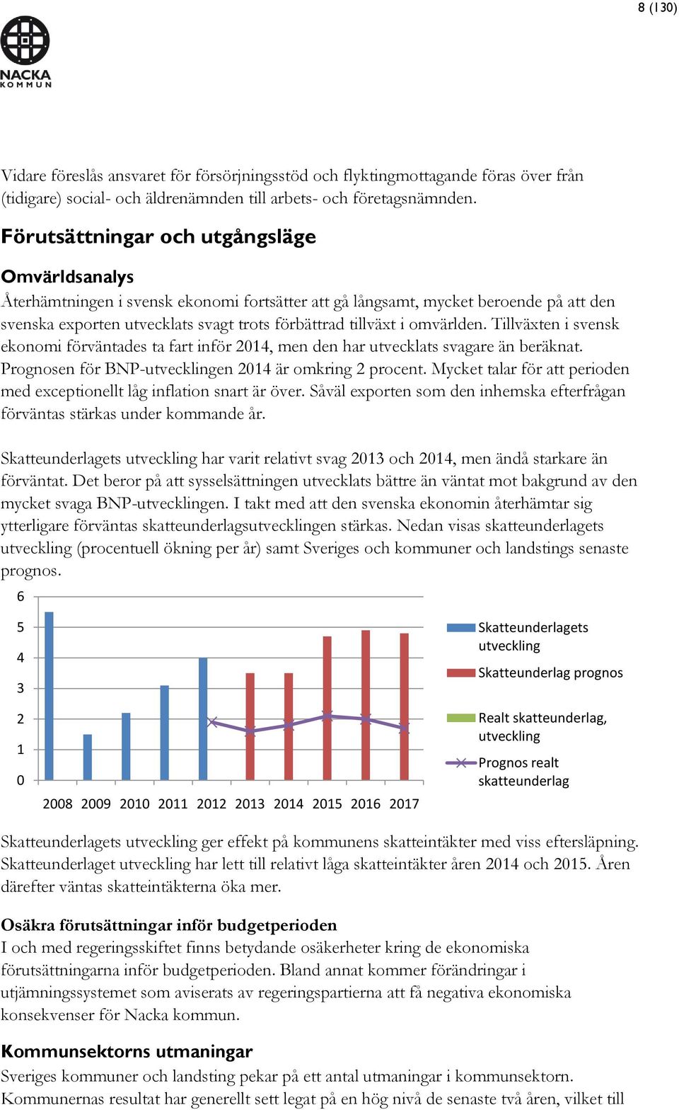 omvärlden. Tillväxten i svensk ekonomi förväntades ta fart inför 2014, men den har utvecklats svagare än beräknat. Prognosen för BNP-utvecklingen 2014 är omkring 2 procent.