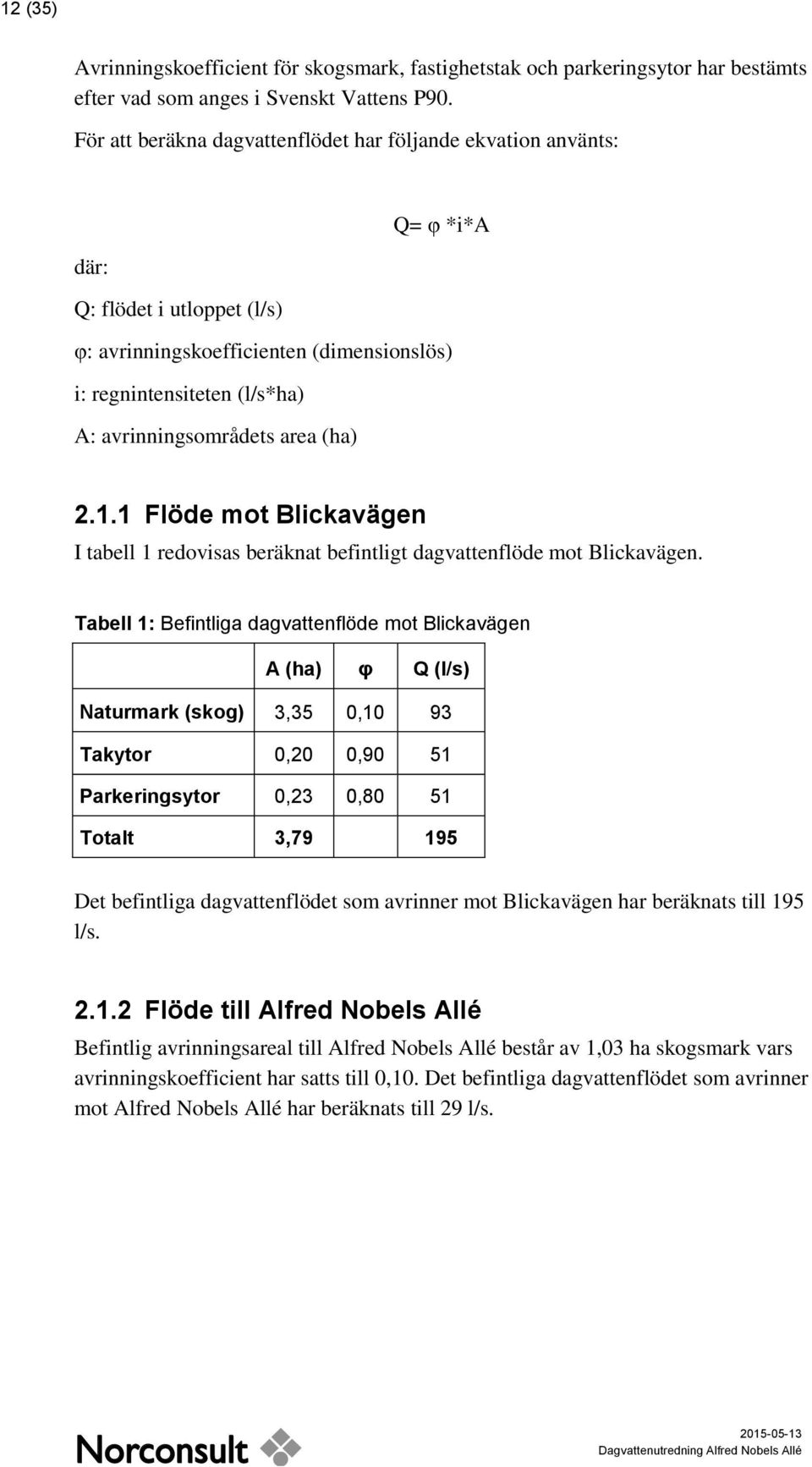 area (ha) 2.1.1 Flöde mot Blickavägen I tabell 1 redovisas beräknat befintligt dagvattenflöde mot Blickavägen.