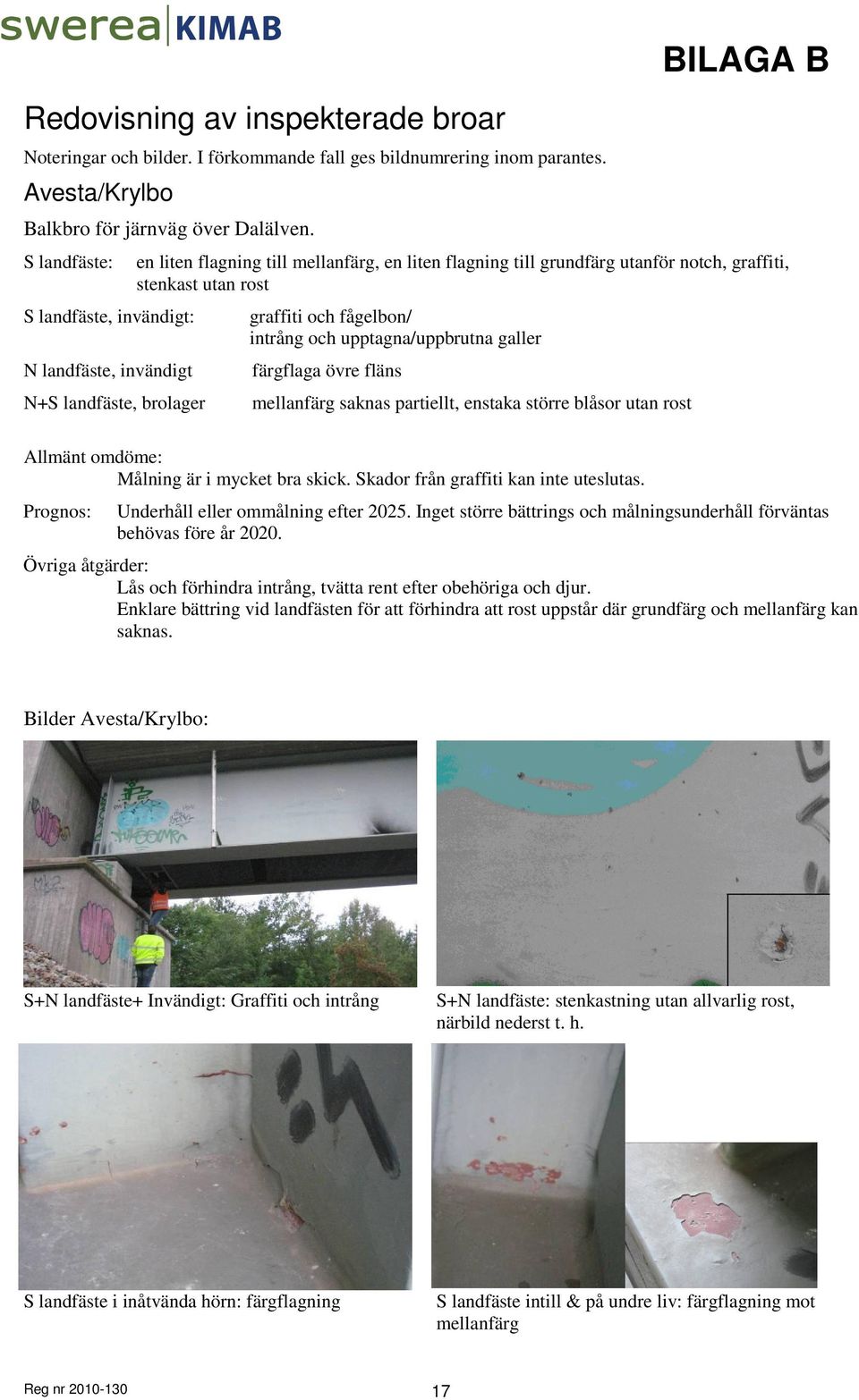 rost graffiti och fågelbon/ intrång och upptagna/uppbrutna galler färgflaga övre fläns mellanfärg saknas partiellt, enstaka större blåsor utan rost Allmänt omdöme: Målning är i mycket bra skick.