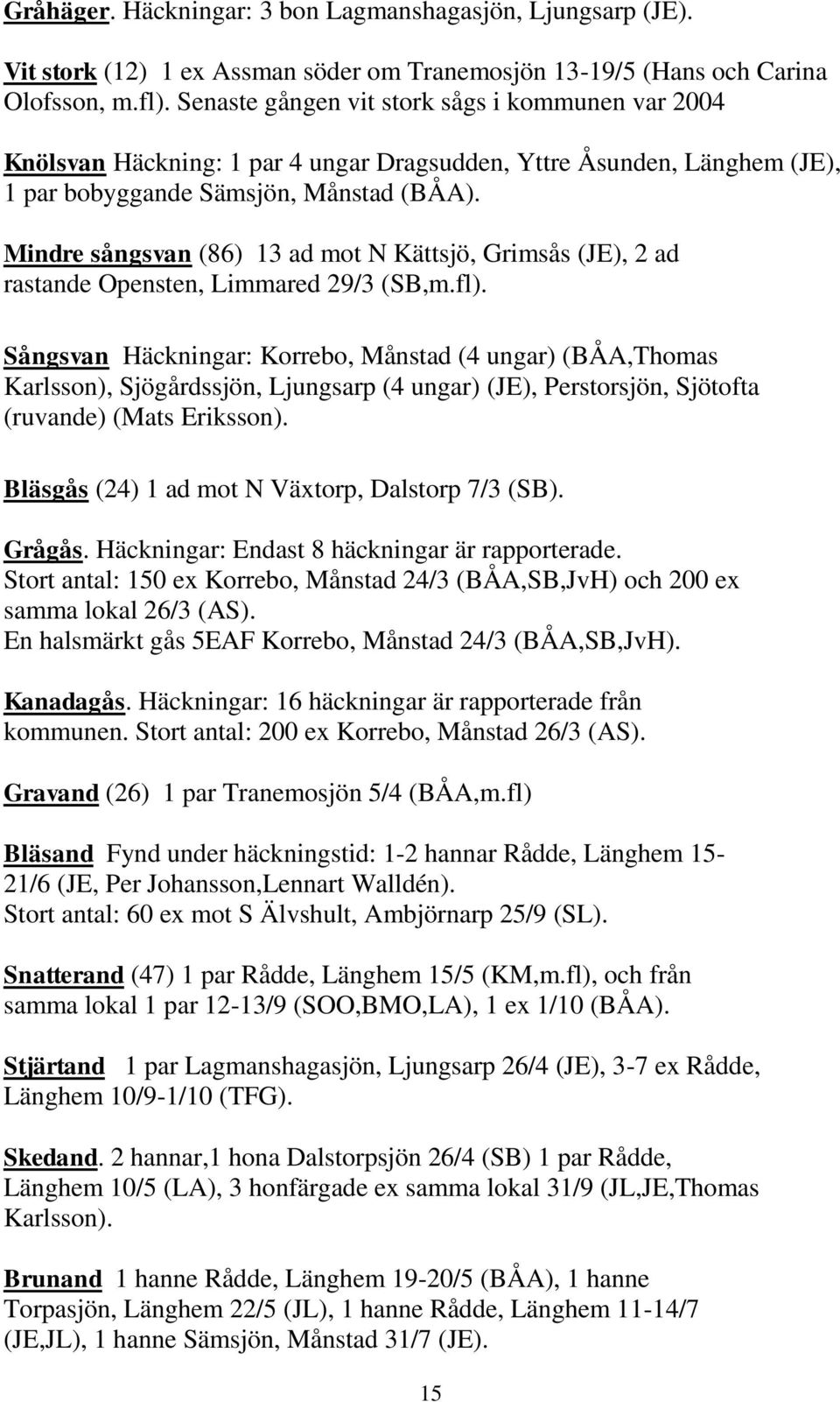 Mindre sångsvan (86) 13 ad mot N Kättsjö, Grimsås (JE), 2 ad rastande Opensten, Limmared 29/3 (SB,m.fl).