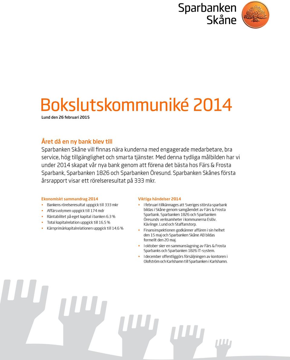 Sparbanken Skånes första årsrapport visar ett rörelseresultat på 333 mkr.