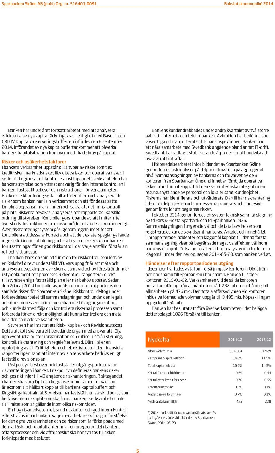 Risker och osäkerhetsfaktorer I bankens verksamhet uppstår olika typer av risker som t ex kreditrisker, marknadsrisker, likviditetsrisker och operativa risker.