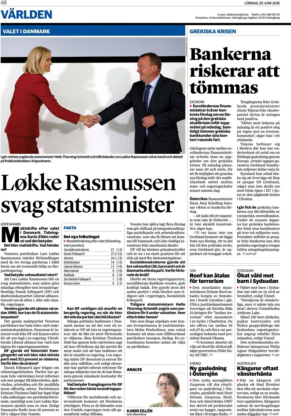 statsminister Helle Thorning-Schmidt och tillträdande Lars Løkke Rasmussen vid en lunch och debatt på Publicistklubben i Köpenhamn.