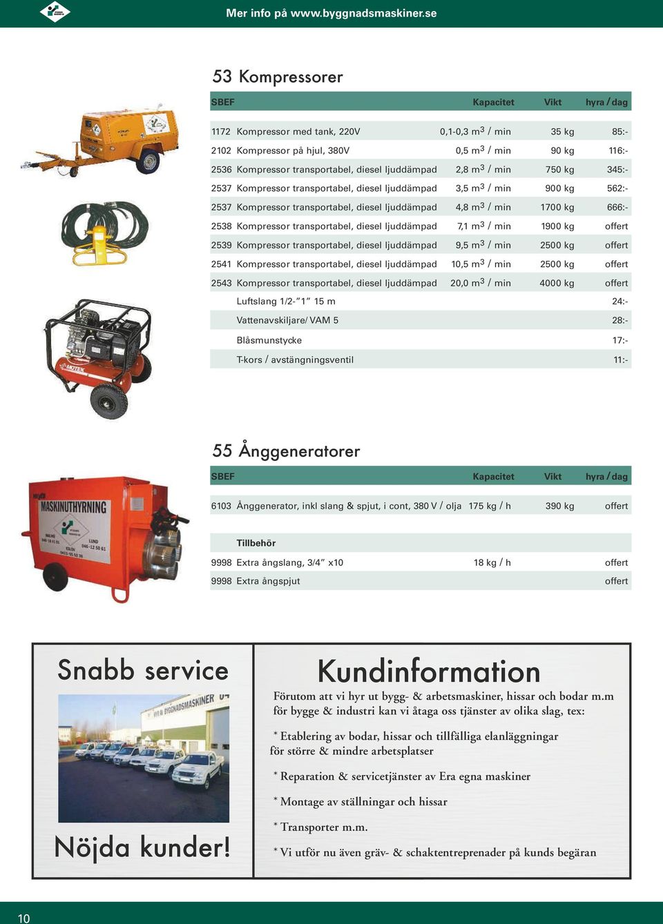 ljuddämpad 7,1 m 3 / min 1900 kg offert 2539 Kompressor transportabel, diesel ljuddämpad 9,5 m 3 / min 2500 kg offert 2541 Kompressor transportabel, diesel ljuddämpad 10,5 m 3 / min 2500 kg offert