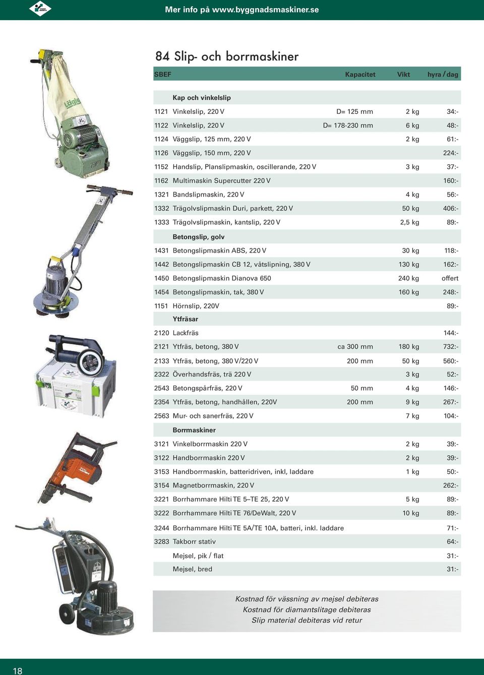 kg 406:- 1333 Trägolvslipmaskin, kantslip, 220 V 2,5 kg 89:- Betongslip, golv 1431 Betongslipmaskin ABS, 220 V 30 kg 118:- 1442 Betongslipmaskin CB 12, våtslipning, 380 V 130 kg 162:- 1450