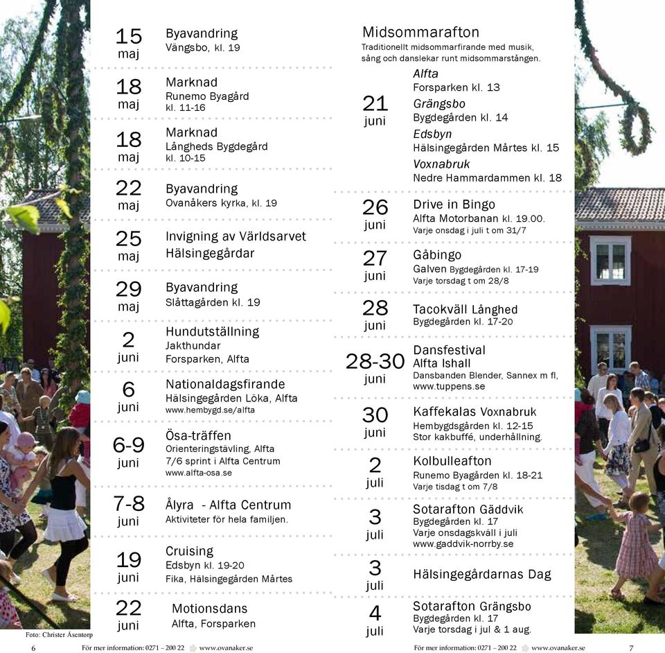 19 Hundutställning Jakthundar Forsparken, Alfta Nationaldagsfirande Hälsingegården Löka, Alfta www.hembygd.se/alfta Ösa-träffen Orienteringstävling, Alfta 7/6 sprint i Alfta Centrum www.alfta-osa.