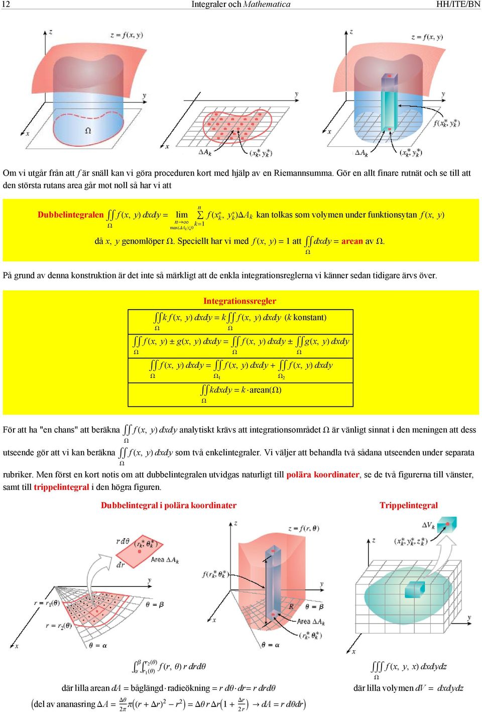 Speciellt har vi med f, att arean av. På grund av denna konstruktion är det inte så märkligt att de enkla integrationsreglerna vi känner sedan tidigare ärvs över.