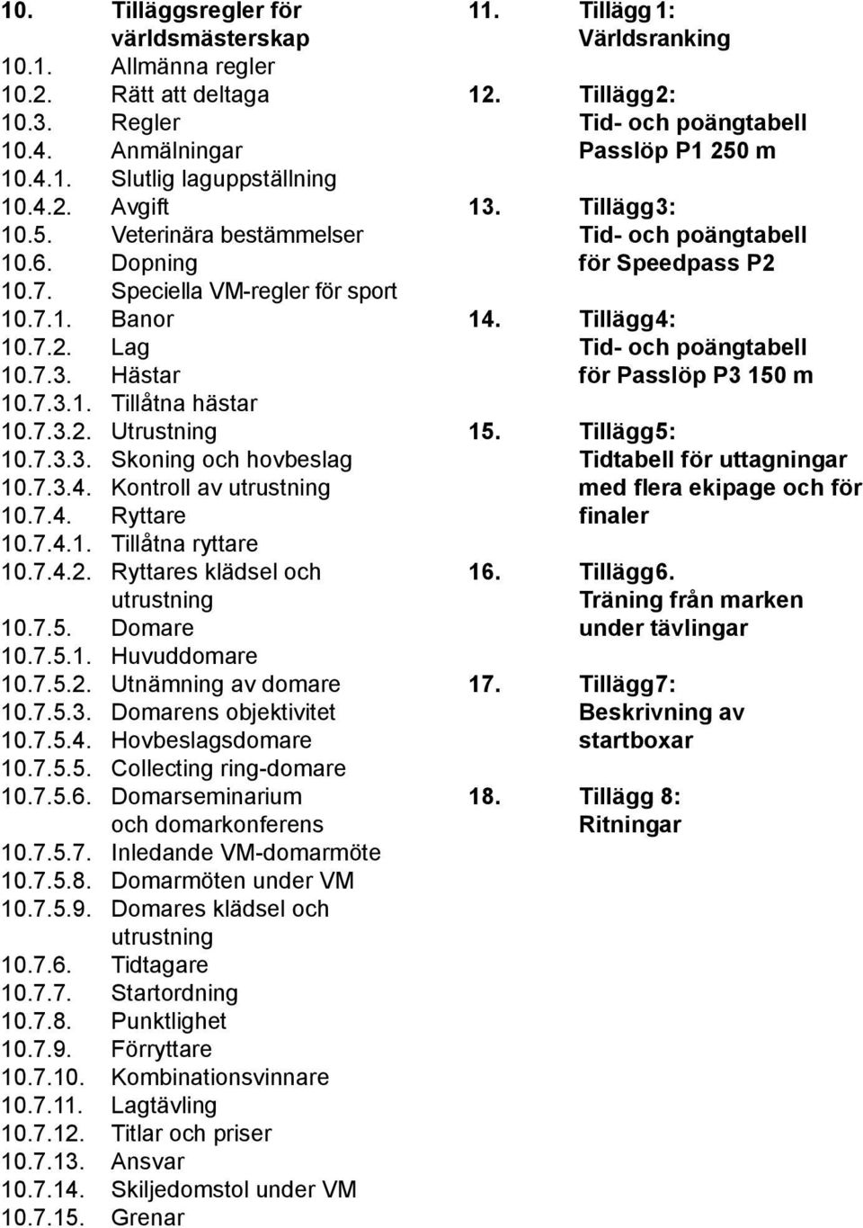 7.4. Ryttare 10.7.4.1. Tillåtna ryttare 10.7.4.2. Ryttares klädsel och utrustning 10.7.5. Domare 10.7.5.1. Huvuddomare 10.7.5.2. Utnämning av domare 10.7.5.3. Domarens objektivitet 10.7.5.4. Hovbeslagsdomare 10.