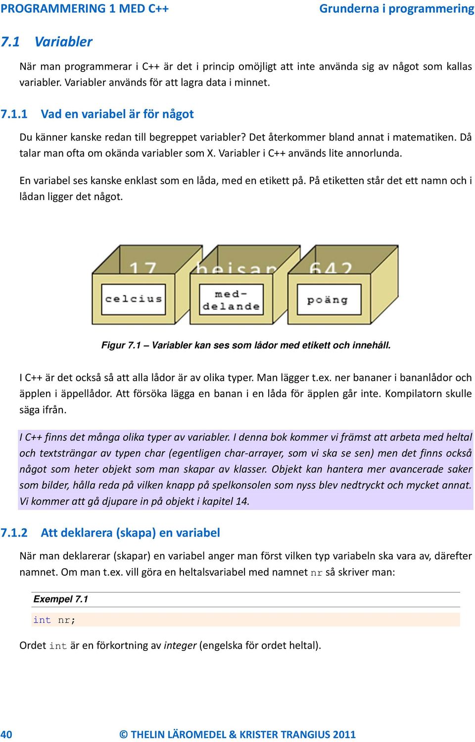 På etiketten står det ett namn och i lådan ligger det något. Figur 7.1 Variabler kan ses som lådor med etikett och innehåll. I C++ är det också så att alla lådor är av olika typer. Man lägger t.ex.