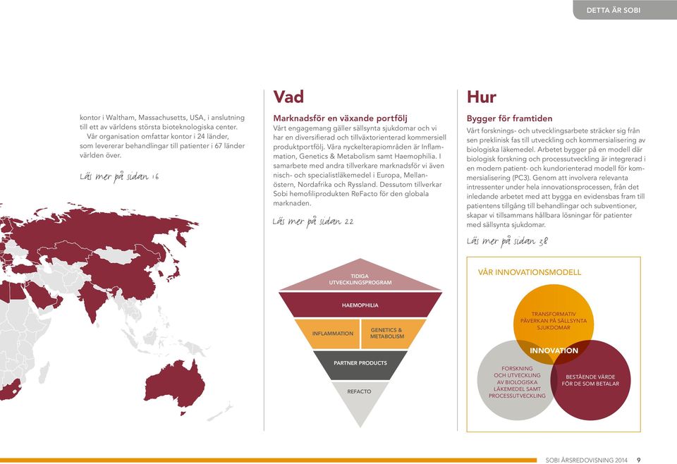 Läs mer på sidan 16 Vad Marknadsför en växande portfölj Vårt engagemang gäller sällsynta sjukdomar och vi har en diversifierad och tillväxtorienterad kommersiell produktportfölj.