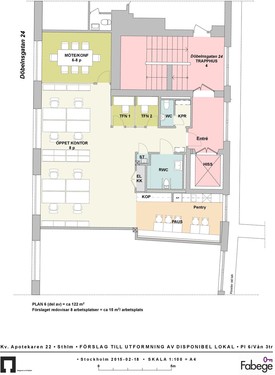 Förslaget redovisar 8 arbetsplatser = ca 15 m 2 / arbetsplats Kv.