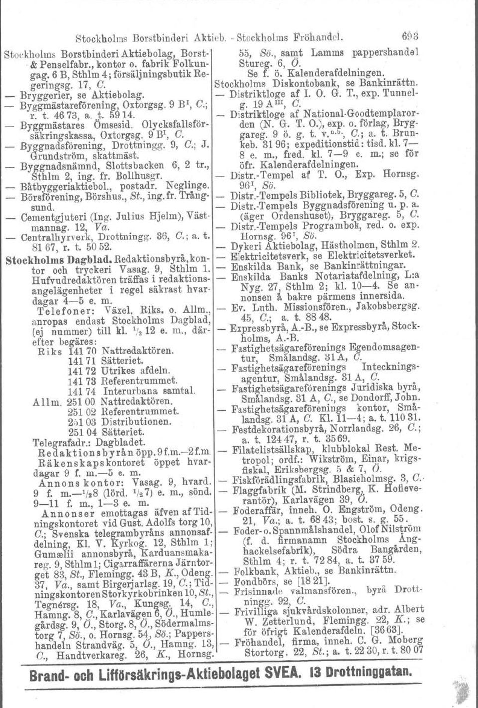 , expo Tunnel _ Byggmästareförening, Oxtorgsg. 9 BI, C.; g. 19 AIII, C. r. t.. 1673, a.. ~' 59 ~4... Distriktloge af National Goodtemplaror _ BYl?g~astares Omsesid. Olyeksfallsfor den (N. G. T. O.), expo O.