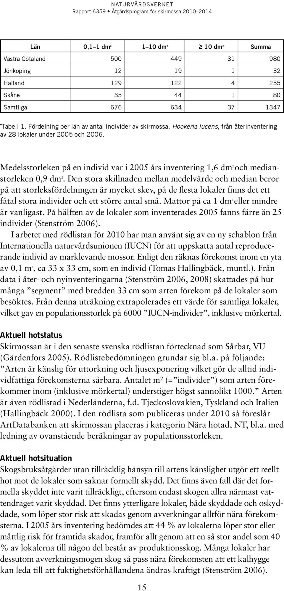 Medelsstorleken på en individ var i 2005 års inventering 1,6 dm 2 och medianstorleken 0,9 dm 2.