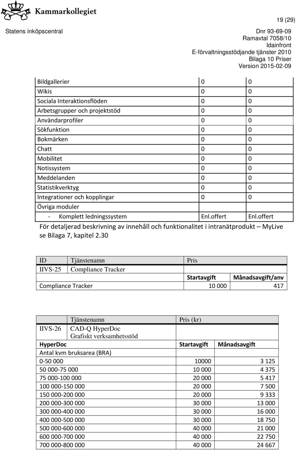 offert För detaljerad beskrivning av innehåll och funktionalitet i intranätprodukt MyLive se Bilaga 7, kapitel 2.