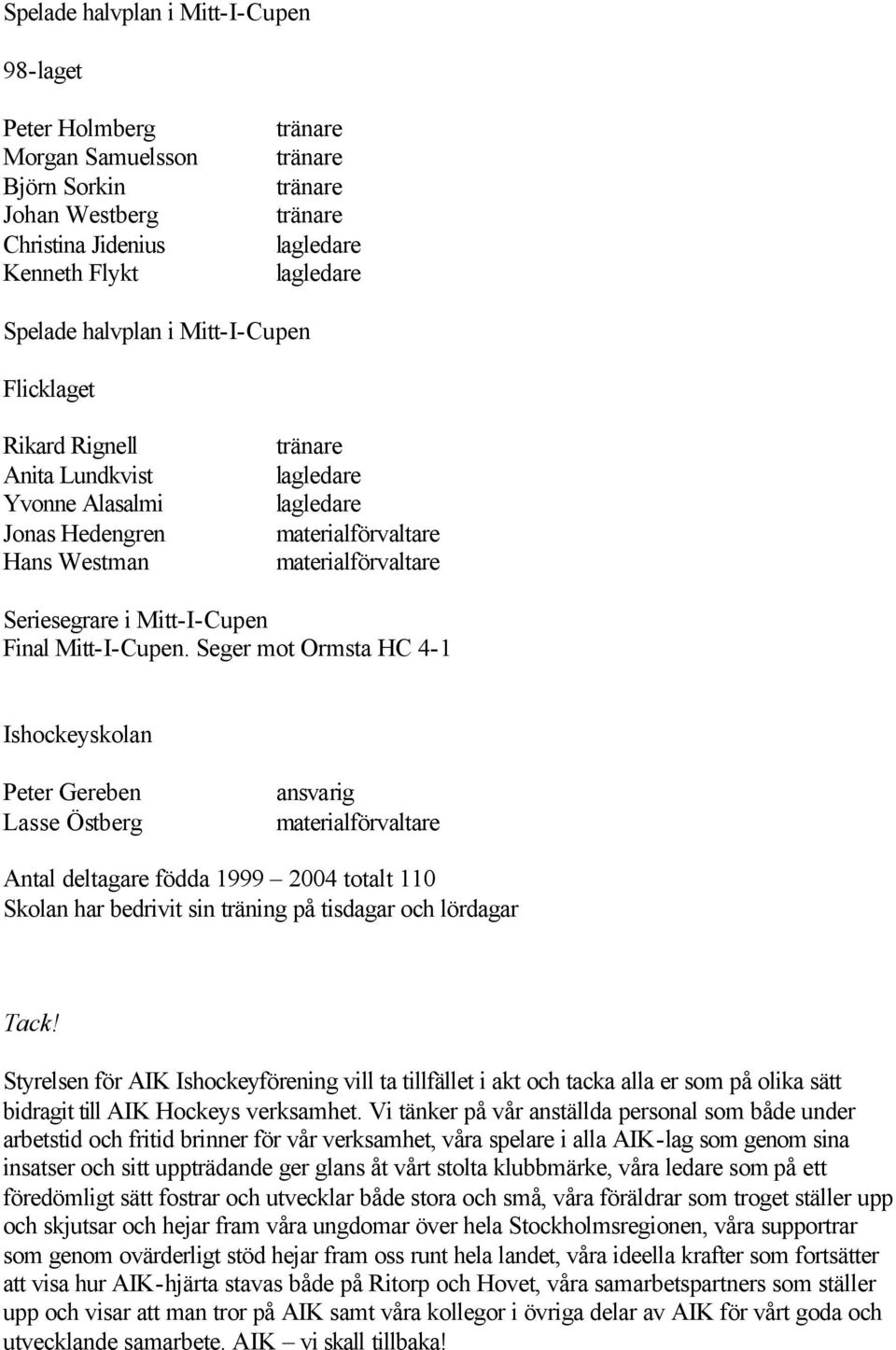 Seger mot Ormsta HC 4-1 Ishockeyskolan Peter Gereben Lasse Östberg ansvarig Antal deltagare födda 1999 2004 totalt 110 Skolan har bedrivit sin träning på tisdagar och lördagar Tack!