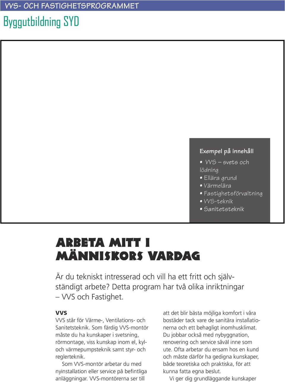Som färdig VVS-montör måste du ha kunskaper i svetsning, rörmontage, viss kunskap inom el, kyloch värmepumpsteknik samt styr- och reglerteknik.
