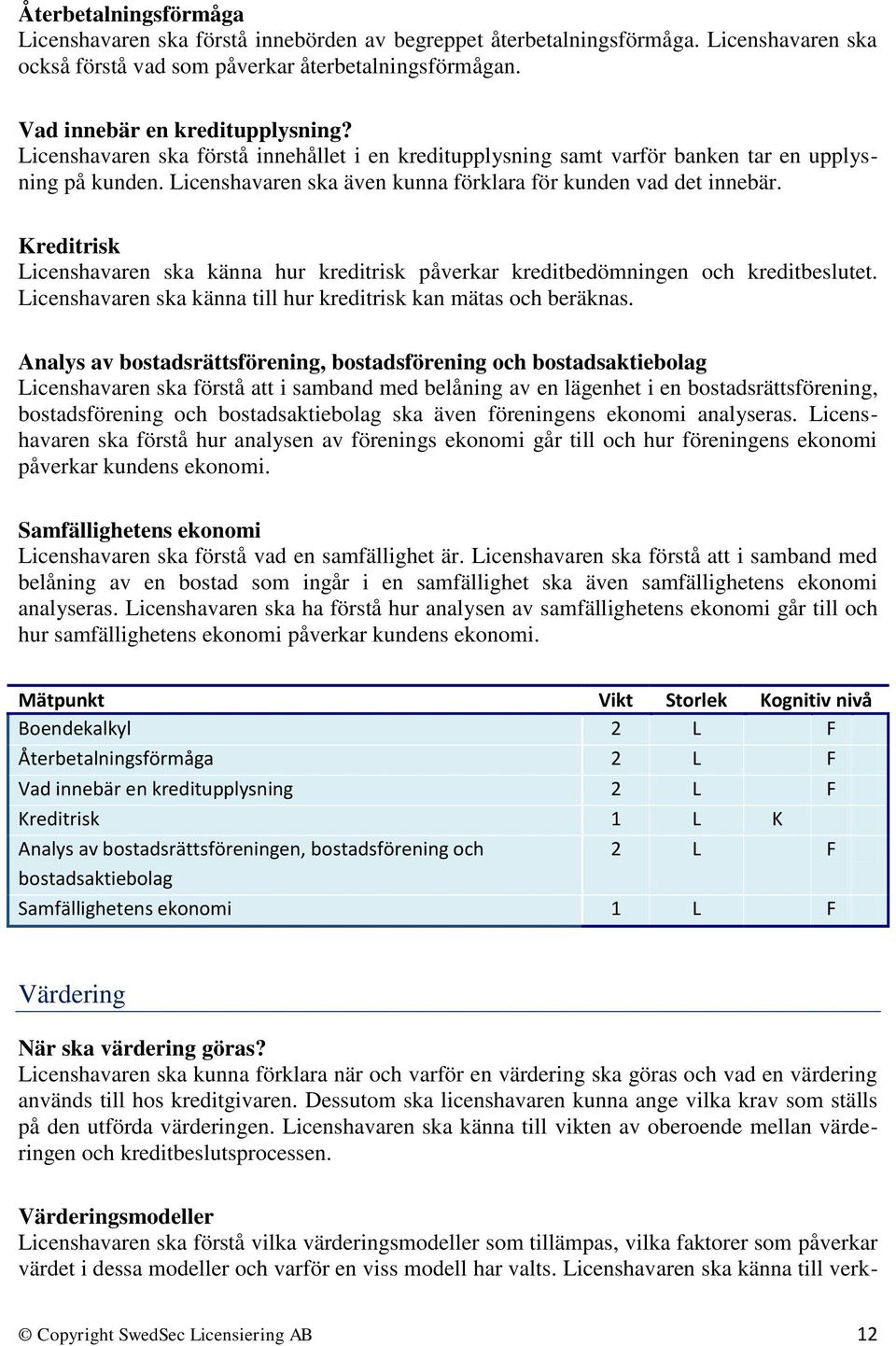 Kreditrisk Licenshavaren ska känna hur kreditrisk påverkar kreditbedömningen och kreditbeslutet. Licenshavaren ska känna till hur kreditrisk kan mätas och beräknas.