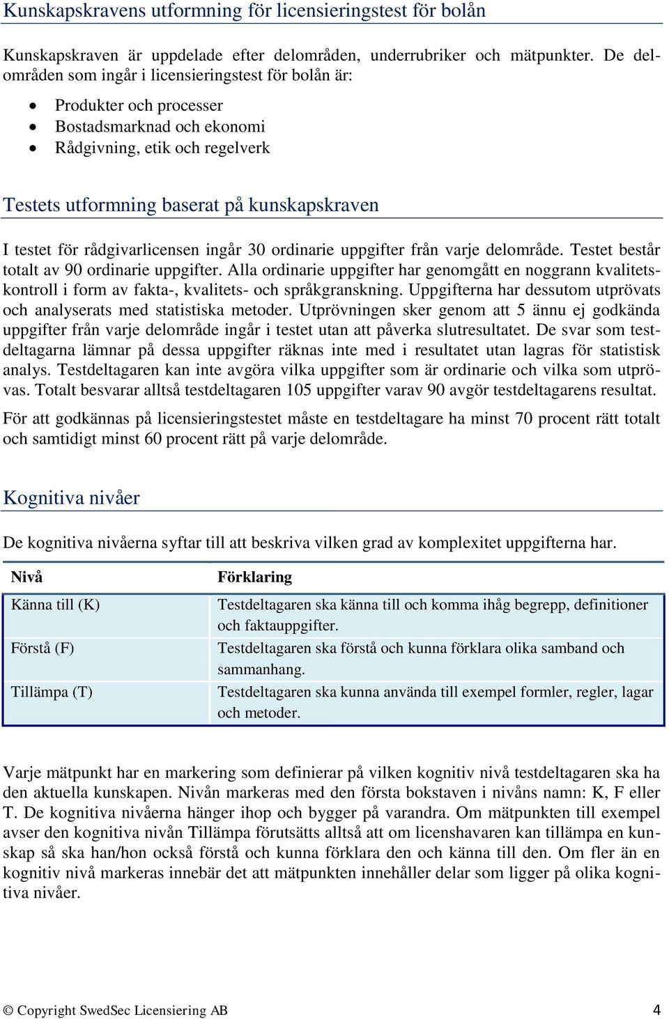 rådgivarlicensen ingår 30 ordinarie uppgifter från varje delområde. Testet består totalt av 90 ordinarie uppgifter.