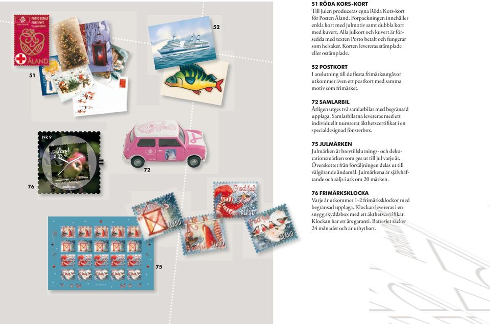 51 52 POSTKORT I anslutning till de flesta frimärksutgåvor utkommer även ett postkort med samma motiv som frimärket. 72 SAMLARBIL Årligen utges två samlarbilar med begränsad upplaga.