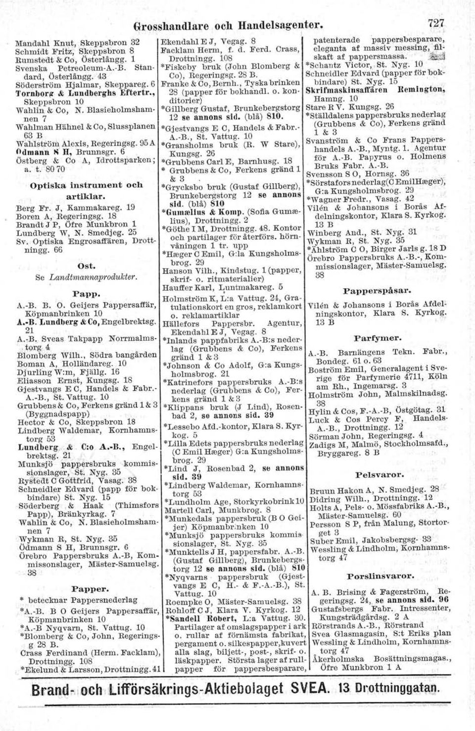 6, Östberg & Co A, Idrottsparken ; a. t. 8070 - Optiska instrument och artiklar. Berg Fr. J. Kammakareg. 19 Boren A, Regertugag. 18 Brandt J P, Öfre Munkbron 1 Lundberg W, N. Smedjeg. 25 S".