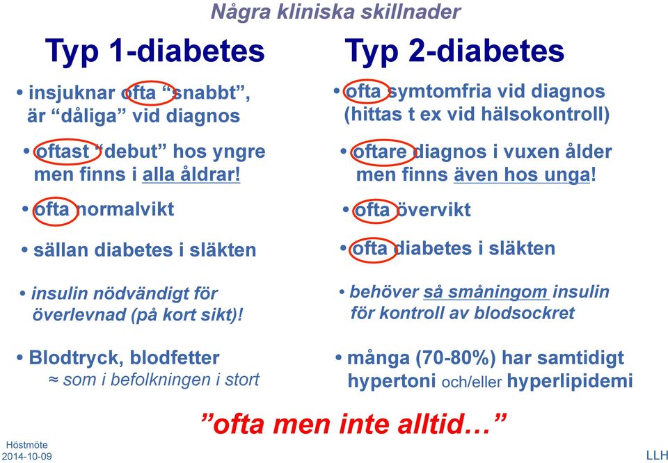 ofta övervikt sällan diabetes i släkten insulin nödvändigt för överlevnad (på kort sikt)!