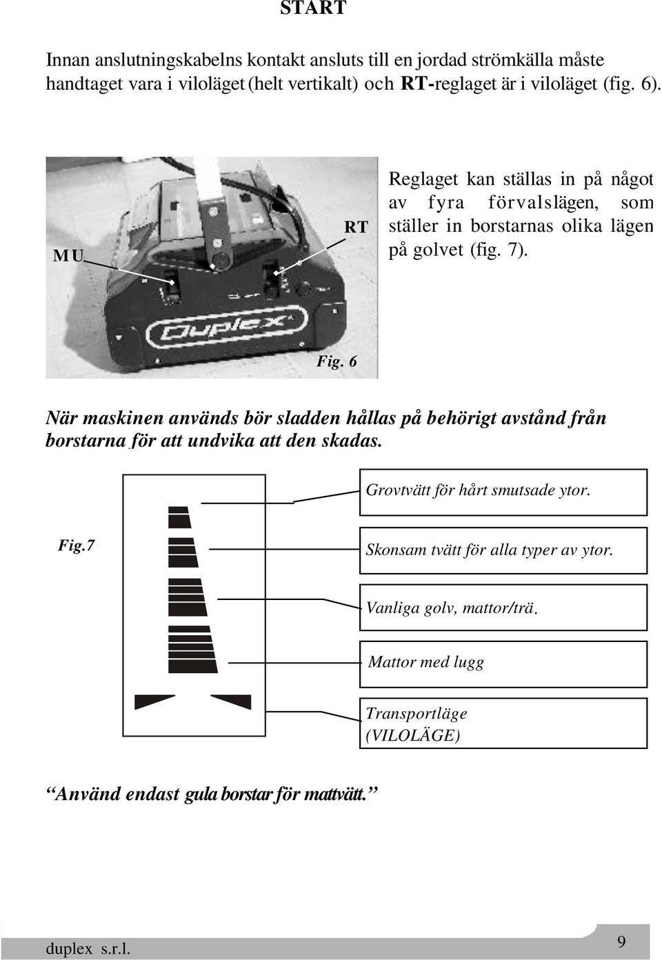 6 När maskinen används bör sladden hållas på behörigt avstånd från borstarna för att undvika att den skadas. Grovtvätt för hårt smutsade ytor. Fig.