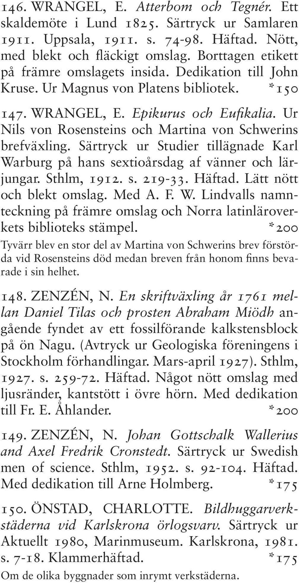 Ur Nils von Rosensteins och Martina von Schwerins brefväxling. Särtryck ur Studier tillägnade Karl Warburg på hans sextioårsdag af vänner och lärjungar. Sthlm, 1912. s. 219-33. Häftad.