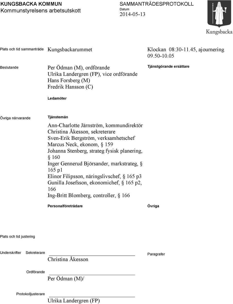 Järnström, kommundirektör Christina Åkesson, sekreterare Sven-Erik Bergström, verksamhetschef Marcus Neck, ekonom, 159 Johanna Stenberg, strateg fysisk planering, 160 Inger Gennerud Björsander,