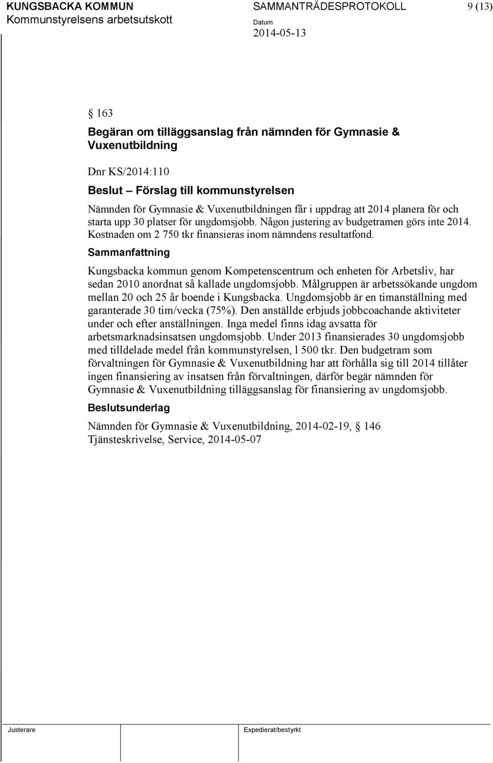 Kostnaden om 2 750 tkr finansieras inom nämndens resultatfond. Kungsbacka kommun genom Kompetenscentrum och enheten för Arbetsliv, har sedan 2010 anordnat så kallade ungdomsjobb.