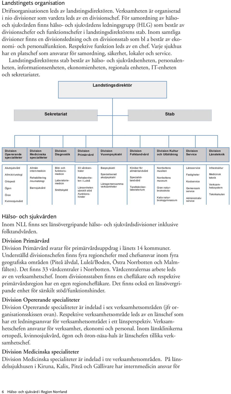 Inom samtliga divisioner finns en divisionsledning och en divisionsstab som bl a består av ekonomi- och personalfunktion. Respektive funktion leds av en chef.