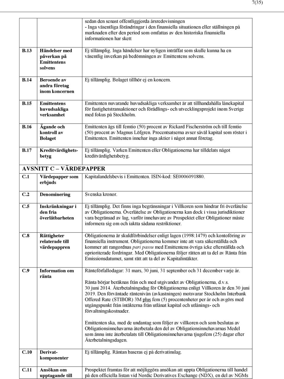 16 Ägande och kontroll av Bolaget B.17 Kreditvärdighetsbetyg Ej tillämplig. Inga händelser har nyligen inträffat som skulle kunna ha en väsentlig inverkan på bedömningen av Emittentens solvens.
