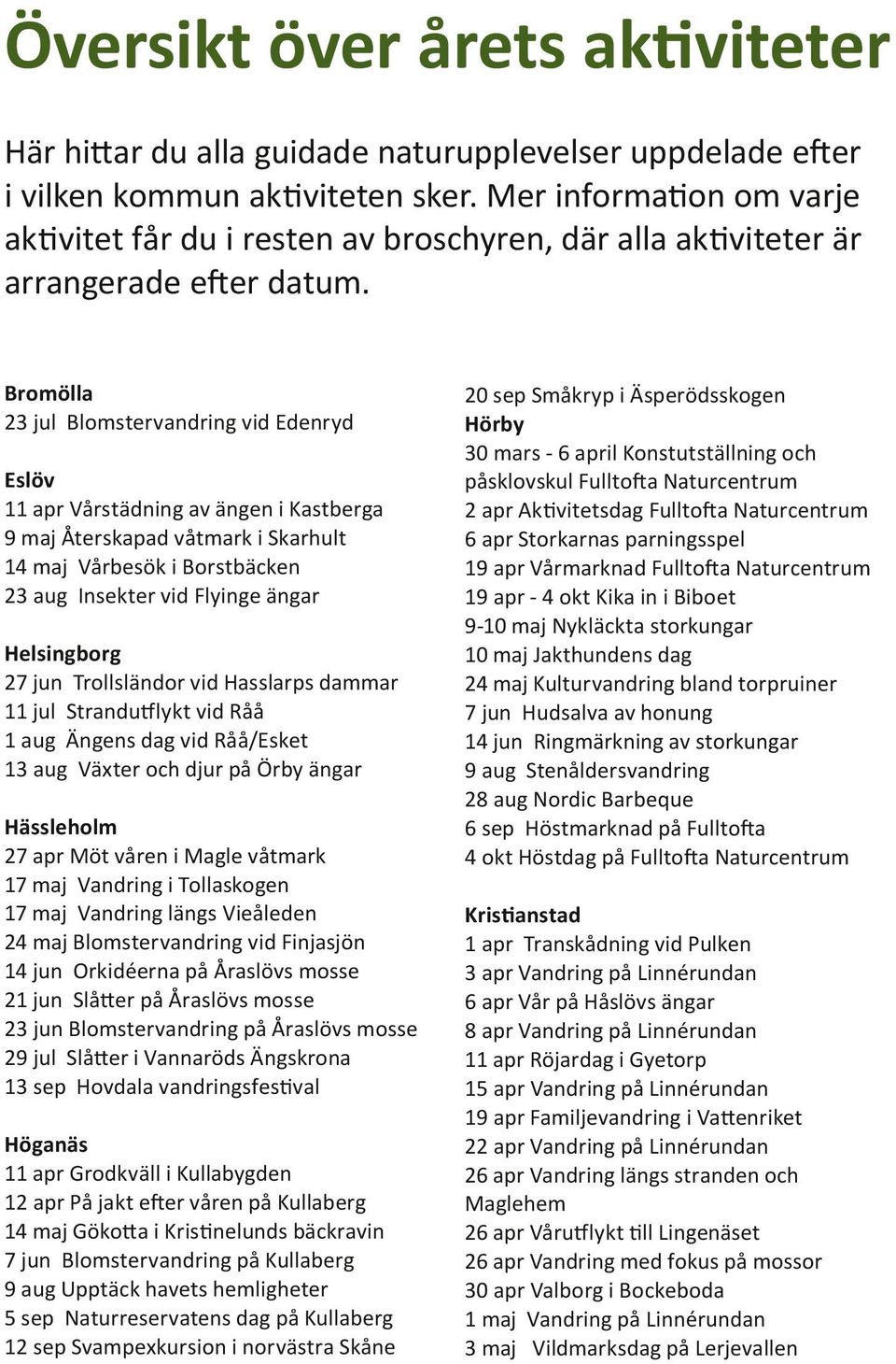 Bromölla 23 jul Blomstervandring vid Edenryd Eslöv 11 apr Vårstädning av ängen i Kastberga 9 maj Återskapad våtmark i Skarhult 14 maj Vårbesök i Borstbäcken 23 aug Insekter vid Flyinge ängar