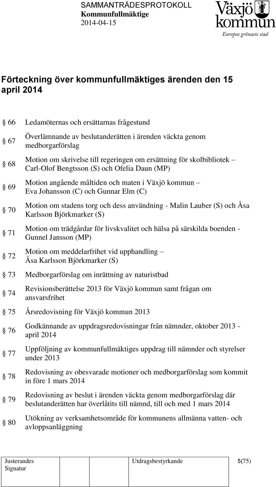 Motion om stadens torg och dess användning - Malin Lauber (S) och Åsa Karlsson Björkmarker (S) Motion om trädgårdar för livskvalitet och hälsa på särskilda boenden - Gunnel Jansson (MP) Motion om
