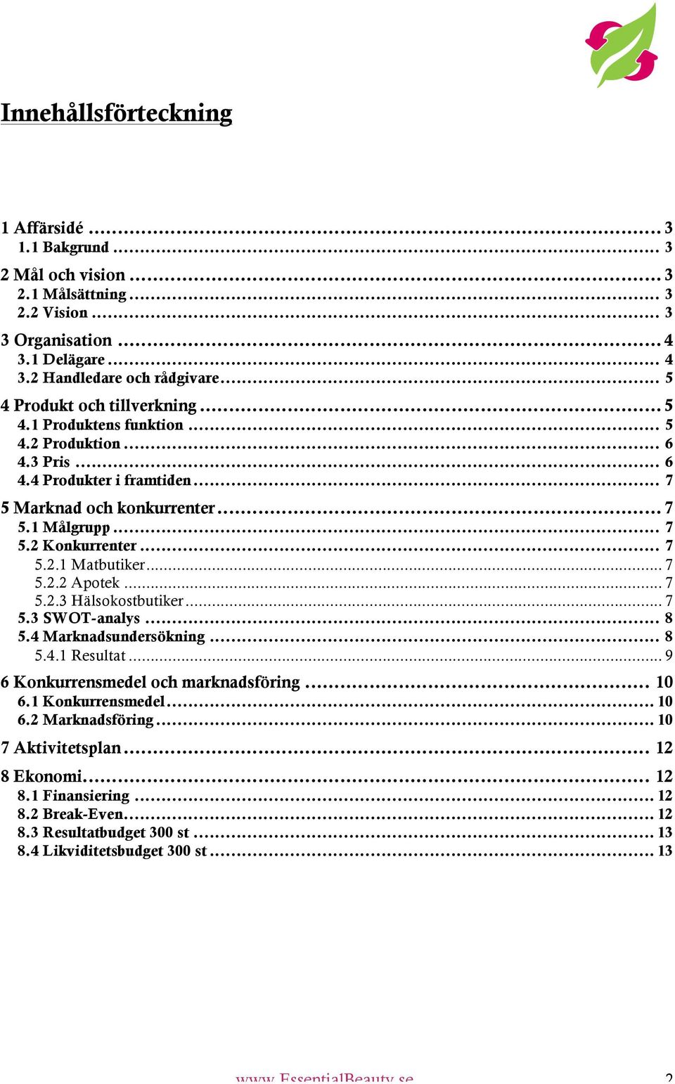 .. 7 5.2.1 Matbutiker... 7 5.2.2 Apotek... 7 5.2.3 Hälsokostbutiker... 7 5.3 SWOT-analys... 8 5.4 Marknadsundersökning... 8 5.4.1 Resultat... 9 6 Konkurrensmedel och marknadsföring... 10 6.