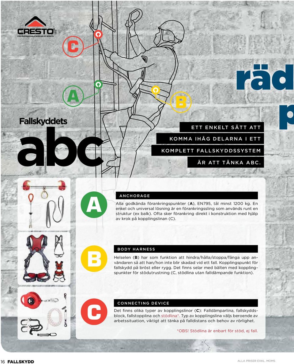 Body harness Helselen (B) har som funktion att hindra/hålla/stoppa/fånga upp användaren så att han/hon inte blir skadad vid ett fall. Kopplingspunkt för fallskydd på bröst eller rygg.
