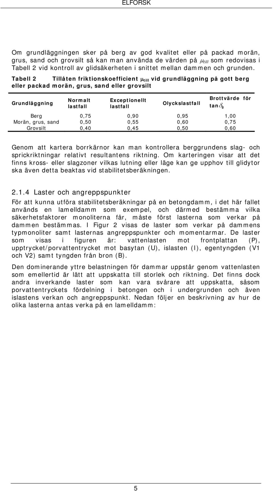 Tabell 2 Tillåten friktionskoefficient μ till vid grundläggning på gott berg eller packad morän, grus, sand eller grovsilt Grundläggning Normalt lastfall Exceptionellt lastfall Olyckslastfall