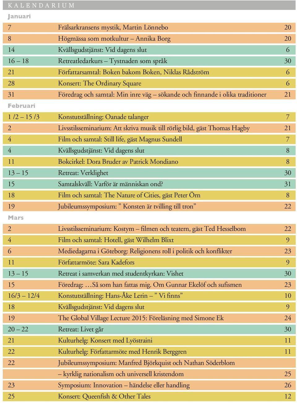 Konstutställning: Oanade talanger 7 2 Livsstilsseminarium: Att skriva musik till rörlig bild, gäst Thomas Hagby 21 4 Film och samtal: Still life, gäst Magnus Sundell 7 4 Kvällsgudstjänst: Vid dagens