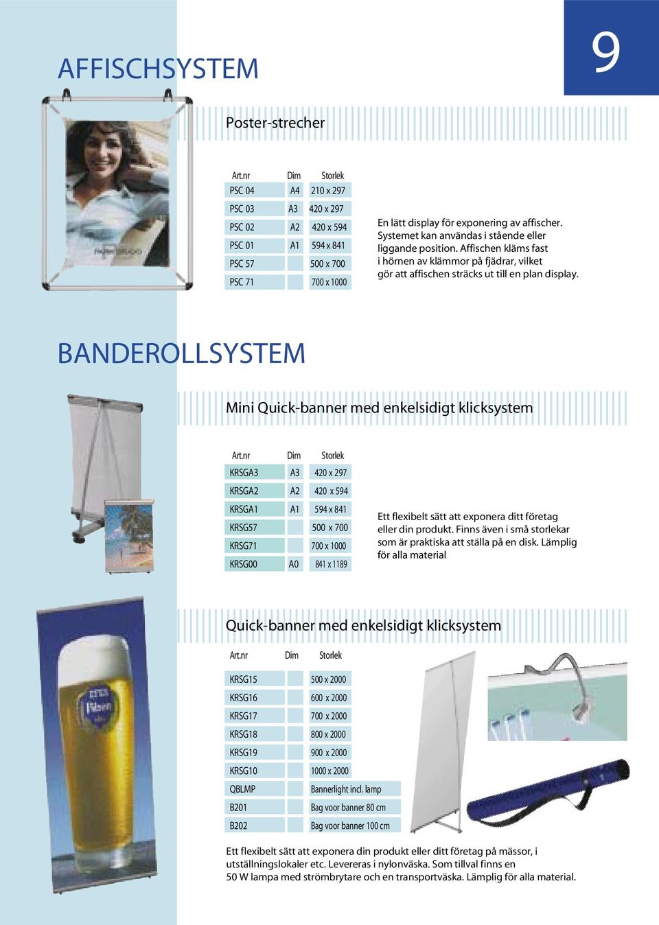 Systemet kan användas i stående eller liggande position. Affischen kläms fast i hörnen av klämmor på fjädrar, vilket gör att affischen sträcks ut till en plan display.