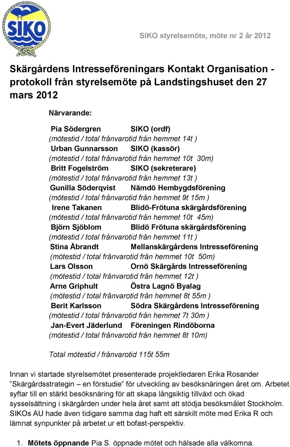 från hemmet 13t ) Gunilla Söderqvist Nämdö Hembygdsförening (mötestid / total frånvarotid från hemmet 9t 15m ) Irene Takanen Blidö-Frötuna skärgårdsförening (mötestid / total frånvarotid från hemmet