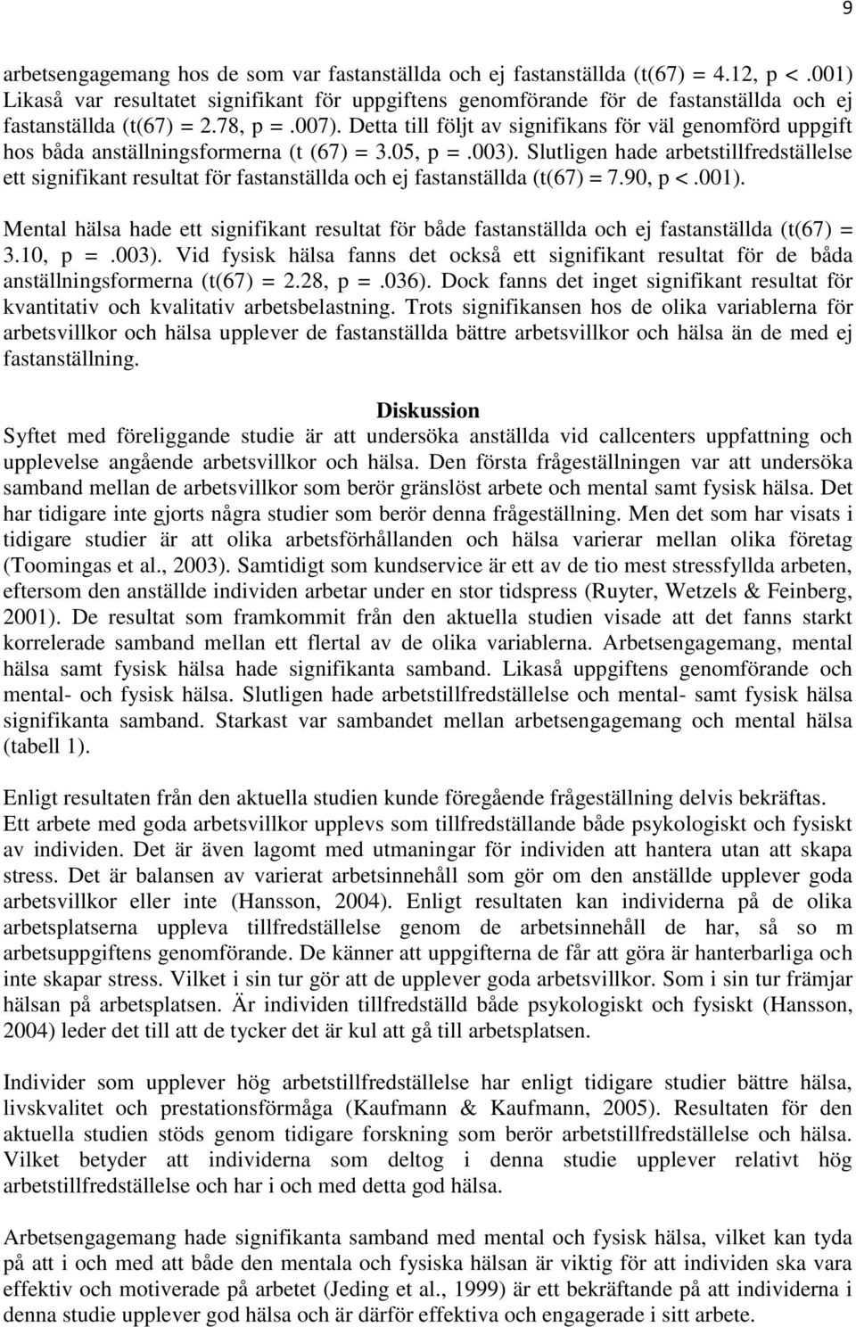 Detta till följt av signifikans för väl genomförd uppgift hos båda anställningsformerna (t (67) = 3.05, p =.003).