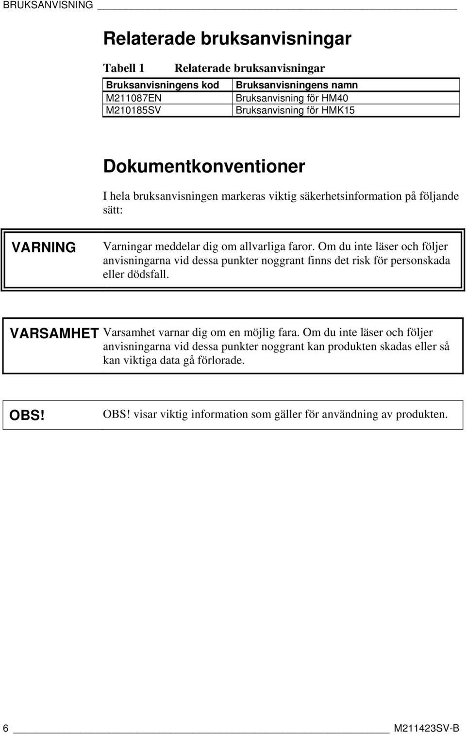 Om du inte läser och följer anvisningarna vid dessa punkter noggrant finns det risk för personskada eller dödsfall. VARSAMHET Varsamhet varnar dig om en möjlig fara.