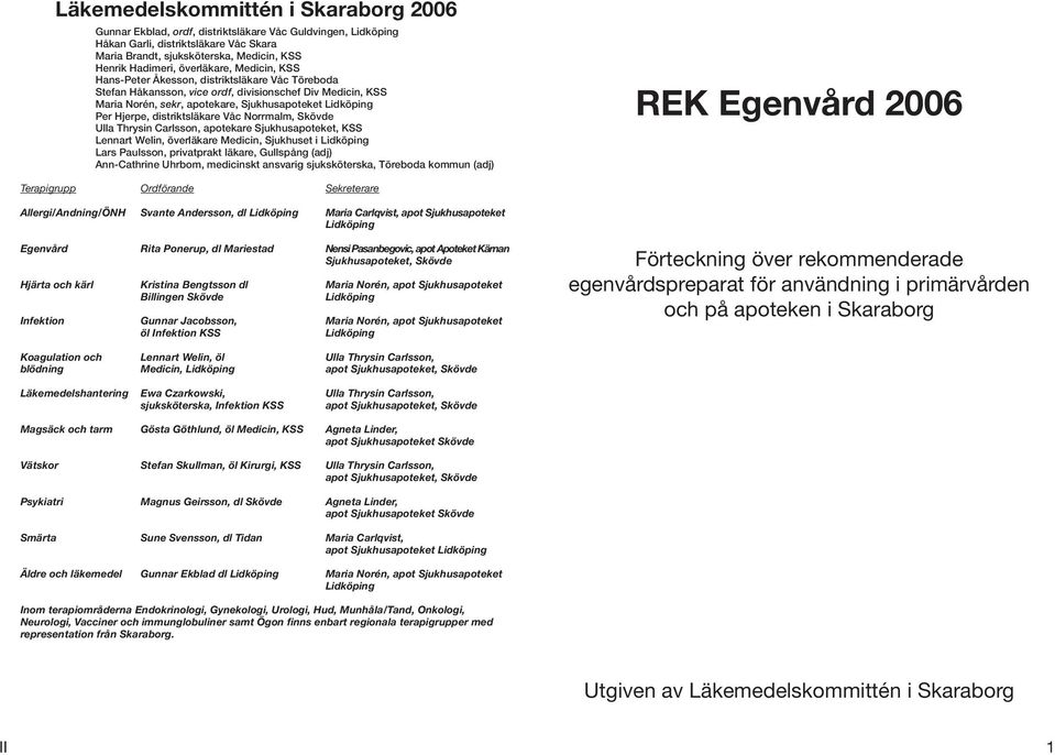 Hjerpe, distriktsläkare Våc Norrmalm, Skövde Ulla Thrysin Carlsson, apotekare Sjukhusapoteket, KSS Lennart Welin, överläkare Medicin, Sjukhuset i Lidköping Lars Paulsson, privatprakt läkare,