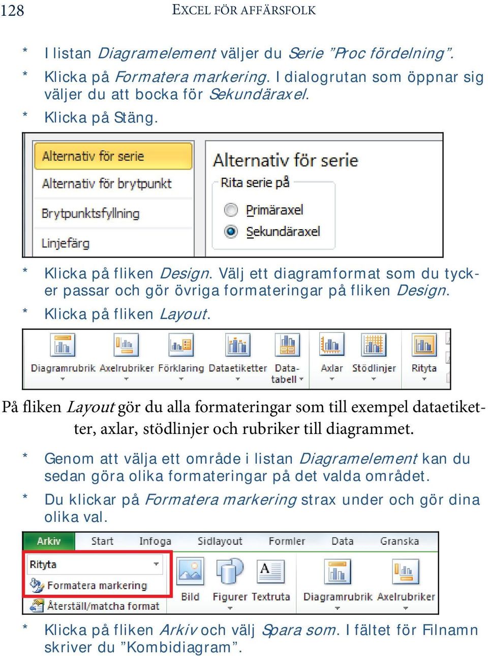 På fliken Layout gör du alla formateringar som till exempel dataetiketter, axlar, stödlinjer och rubriker till diagrammet.