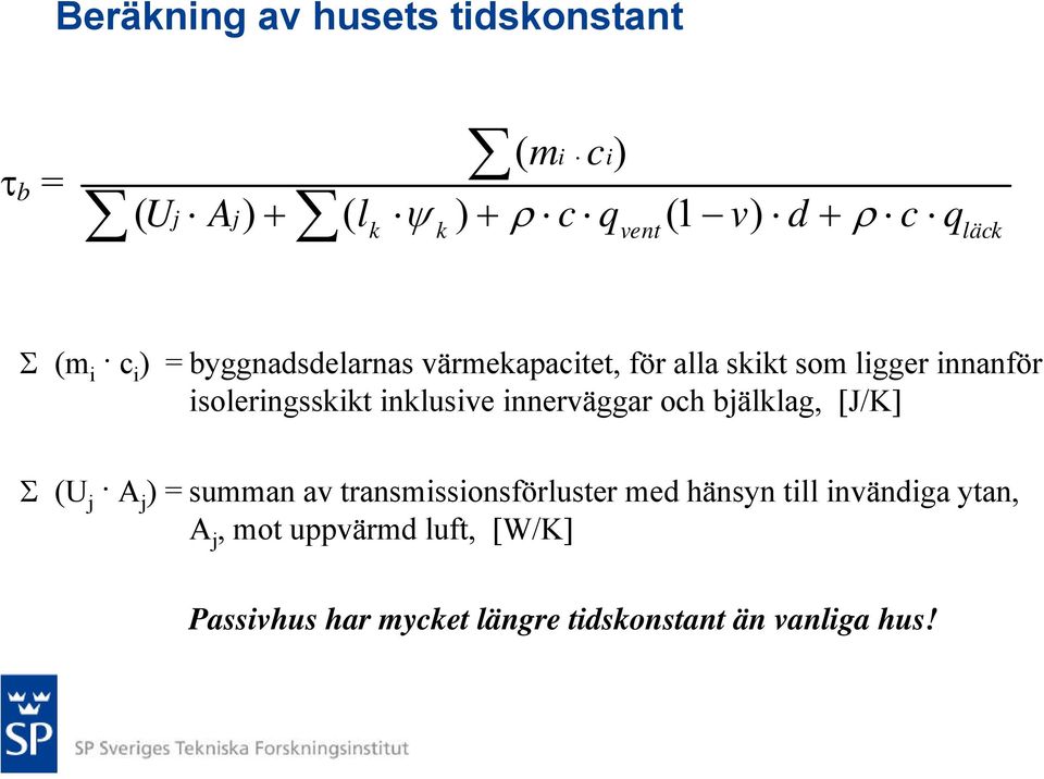 inklusive innerväggar och bjälklag, [J/K] Σ (U j A j ) = summan av transmissionsförluster med hänsyn