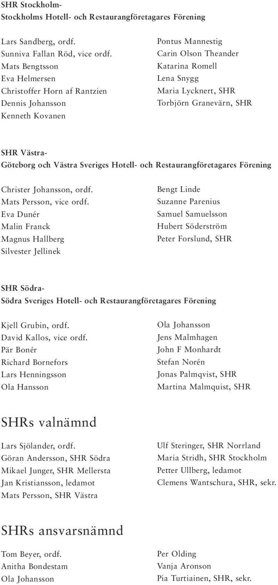 SHR Västra- Göteborg och Västra Sveriges Hotell- och Restaurangföretagares Förening Christer Johansson, ordf. Mats Persson, vice ordf.